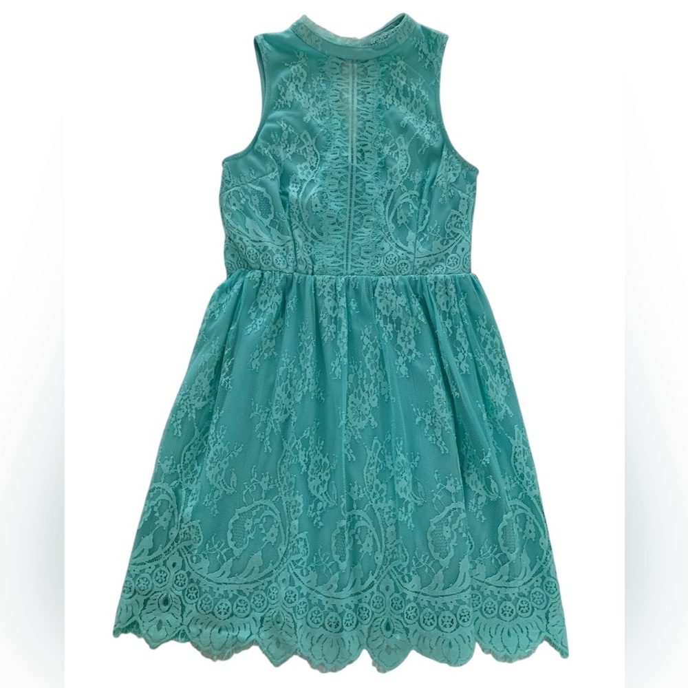 As U Wish Dress Juniors Size 5 Mint Green Lace High Neck Sleeveless Keyhole Back